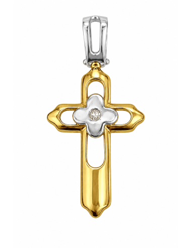 Colgante Cruz Bicolor con detalle Floral en el centro - Oro Amarillo 18K