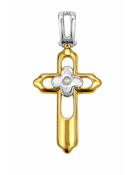 Colgante Cruz Bicolor con detalle Floral en el centro - Oro Amarillo 18K