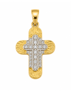 Colgante Cruz Bicolor Texturizada con Circonitas - Oro Amarillo y Oro Blanco 18K