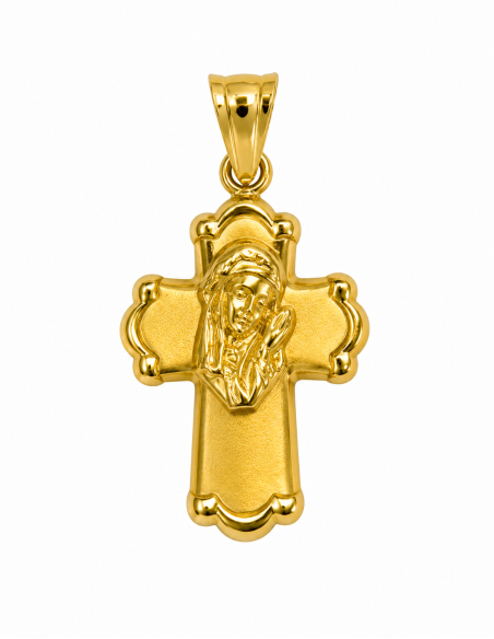 Colgante Cruz Virgen María Relieve en Ambas Caras  - Oro Amarillo 18K