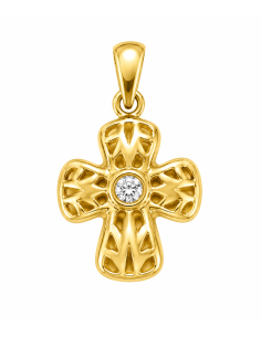 Colgante Cruz Calada con Circonita Central - Oro Amarillo 18K