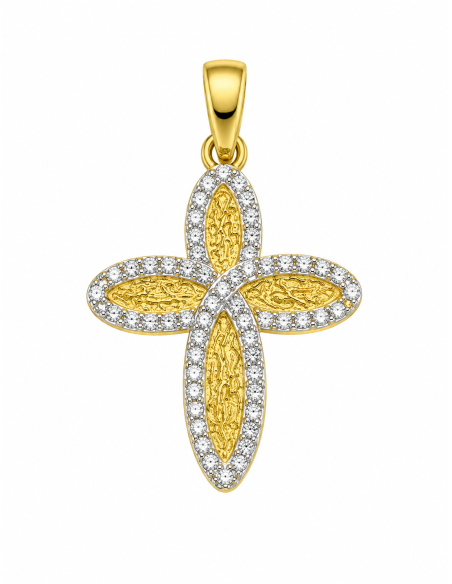 Colgante Cruz Ovalada Bicolor con Circonitas - Oro Amarillo y Oro Blanco 18K