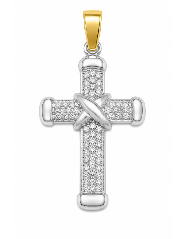 Colgante Cruz Bicolor con Pavé de Circonitas - Oro Amarillo y Oro Blanco 18K