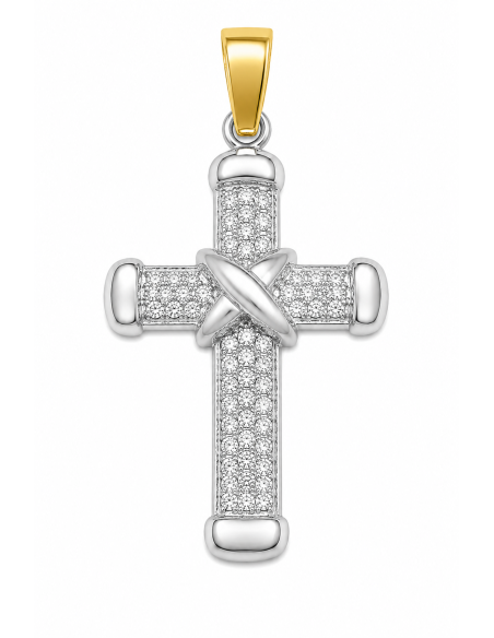 Colgante Cruz Bicolor con Pavé de Circonitas - Oro Amarillo y Oro Blanco 18K