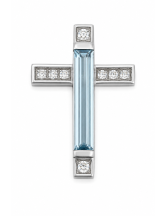 Colgante Cruz con Aguamarina y Circonitas - Oro Blanco 18K