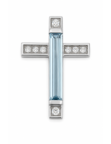 Colgante Cruz con Aguamarina y Circonitas - Oro Blanco 18K