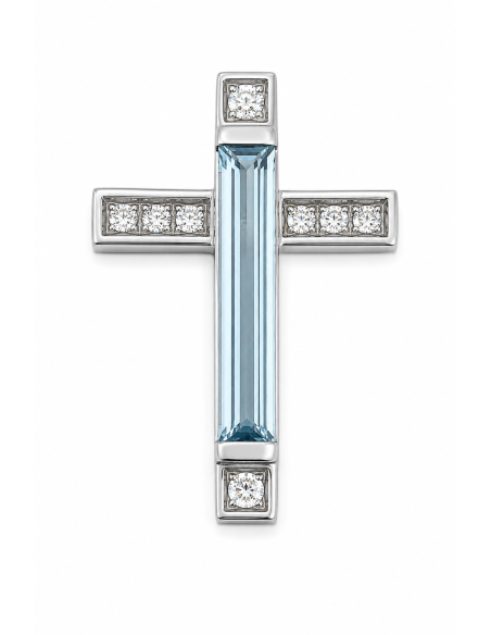 Colgante Cruz con Aguamarina y Circonitas - Oro Blanco 18K