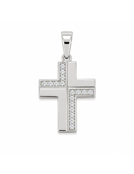 Colgante Cruz Geométrica con Circonitas - Oro Blanco 18K