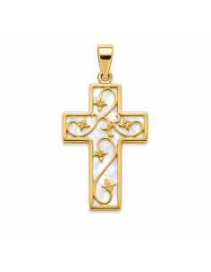 Colgante Cruz Nácar con Detalles Florales - Oro Amarillo 18K