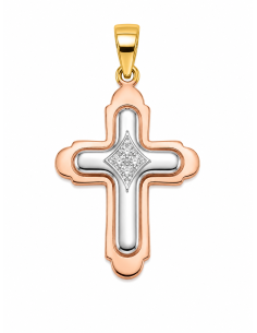 Colgante Cruz Tricolor con Circonitas - Oro Amarillo, Blanco y Rosé 18K