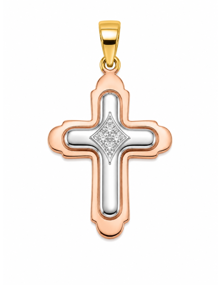 Colgante Cruz Tricolor con Circonitas - Oro Amarillo, Blanco y Rosé 18K