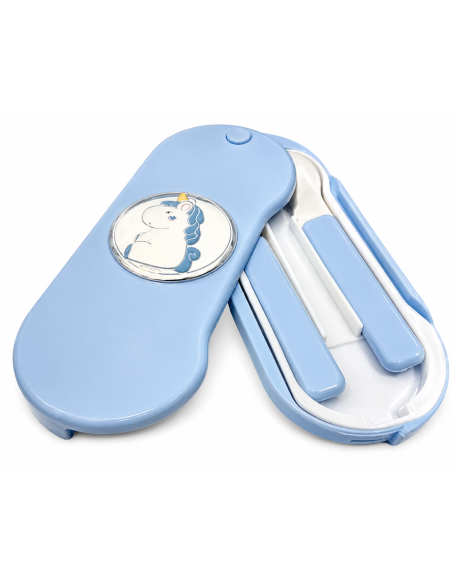 Cubiertos  Infantil 2 piezas Unicornio Celeste con estuche Portatil - Puro Argenti PU8563/C