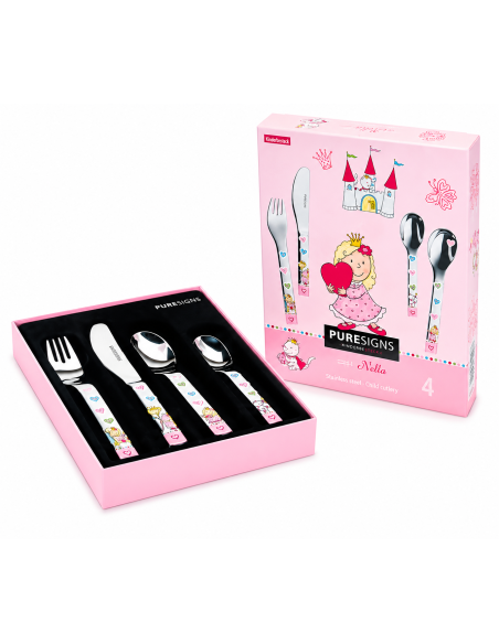 Cubiertos Infantiles 4 piezas de Acero Princesa Nelia - Puresings LU6083 (Grabado incluido)