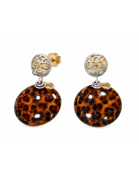 Pendientes para Mujer Bicolor con Circonita y Colgante de Piedra Leopardo - Oro Amarillo y Blanco