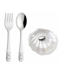 Set Infantil Cubierto Acero y Concha Cristal Nacarado con Chapa para Personalizar - GA1156