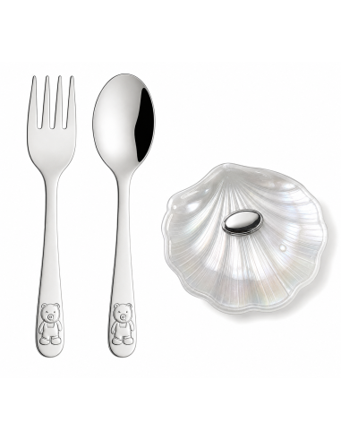 Set Infantil Cubierto Acero y Concha Cristal Nacarado con Chapa para Personalizar - GA1156