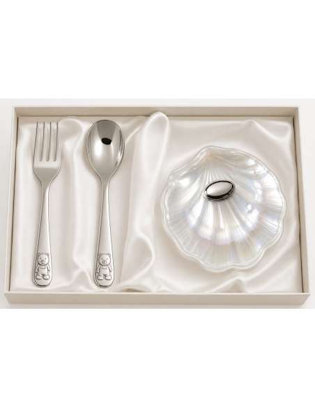 Set Infantil Cubierto Acero y Concha Cristal Nacarado con Chapa para Personalizar - GA1156