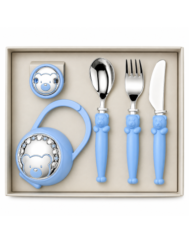 Set Infantil Portachupetes con Pinza  y Cubierto Oso Azul - Eventi EV3256/03C