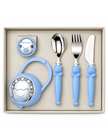 Set Infantil Portachupetes con Pinza  y Cubierto Oso Azul - Eventi EV3256/03C
