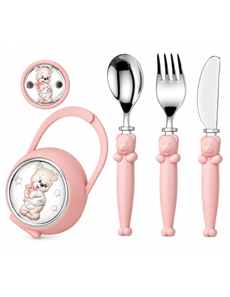 Set Infantil Portachupetes con Pinza  y Cubierto Oso Pijama Rosa - Eventi EV3226/03R