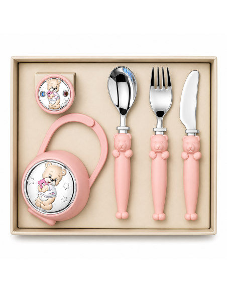 Set Infantil Portachupetes con Pinza  y Cubierto Oso Pijama Rosa - Eventi EV3226/03R