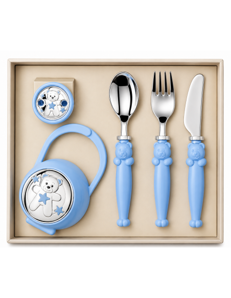 Set Infantil Portachupetes con Pinza y Cubierto Oso Azul - Eventi EV3536/06C