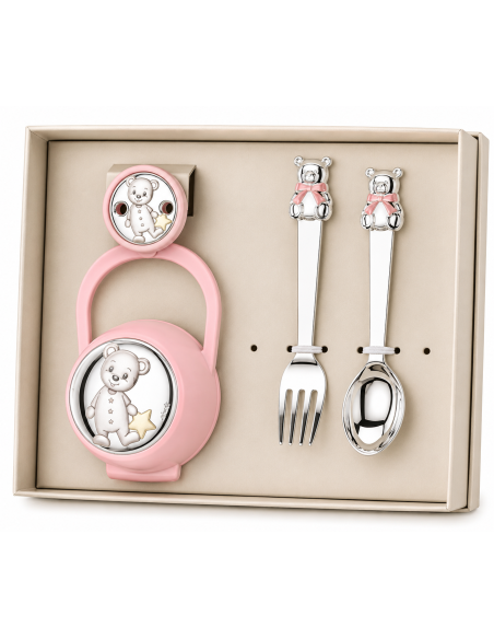 Set Infantil Portachupetes con Pinza y Cubierto Oso Pijama Rosa - Eventi EV3496/07R