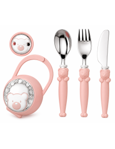Set Infantil Portachupetes con Pinza y Cubierto Oso Rosa - Eventi EV3256/03R