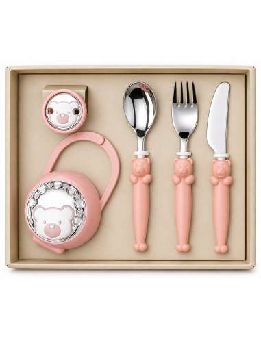Set Infantil Portachupetes con Pinza y Cubierto Oso Rosa - Eventi EV3256/03R