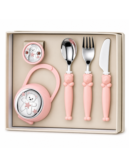 Set Infantil Portachupetes con Pinza y Cubierto Oso Rosa - Eventi EV3536/06R