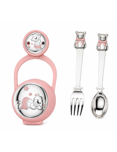 Set Infantil Portachupetes con Pinza y Cubiertos Oso Rosa - Eventi EV3566/07R