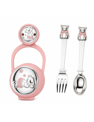 Set Infantil Portachupetes con Pinza y Cubiertos Oso Rosa - Eventi EV3566/07R