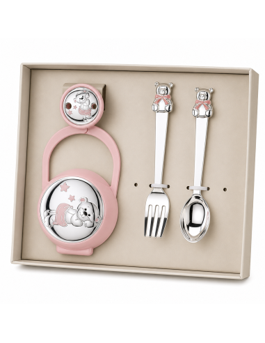 Set Infantil Portachupetes con Pinza y Cubiertos Oso Rosa - Eventi EV3566/07R