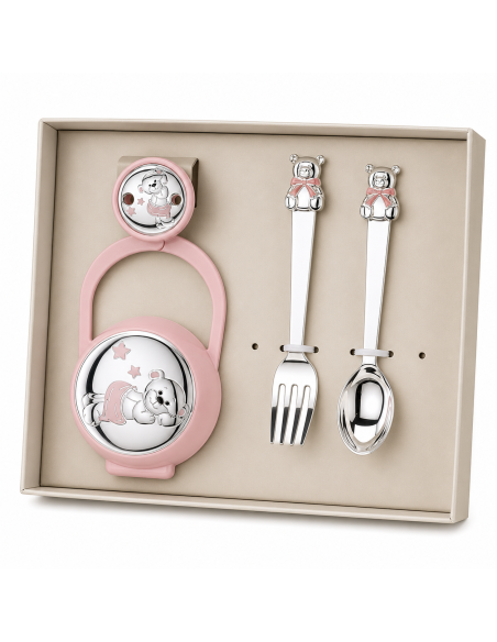 Set Infantil Portachupetes con Pinza y Cubiertos Oso Rosa - Eventi EV3566/07R
