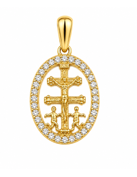 Colgante Cruz de Caravaca con cerco de circonitas - Oro amarillo 18k