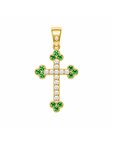 Colgante Cruz con Circonitas Blancas y Verdes - Oro Amarillo 18K