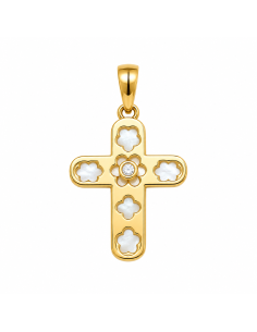 Colgante Cruz Calada con Nácar y Circonita - Oro Amarillo 18K