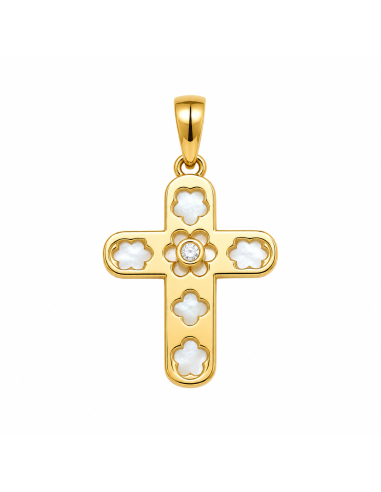 Colgante Cruz Calada con Nácar y Circonita - Oro Amarillo 18K