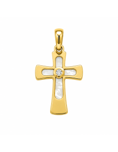 Colgante Cruz Calada con Nácar y Circonita - Oro Amarillo 18K