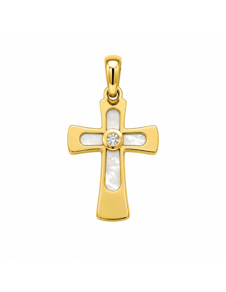 Colgante Cruz Calada con Nácar y Circonita - Oro Amarillo 18K