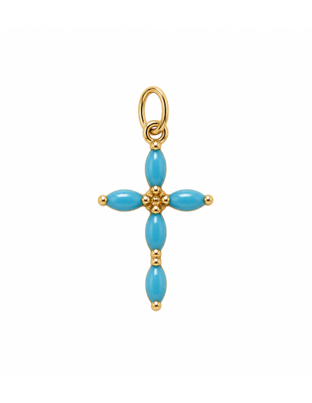 Colgante Cruz con Turquesas Azules - Oro Amarillo 18K