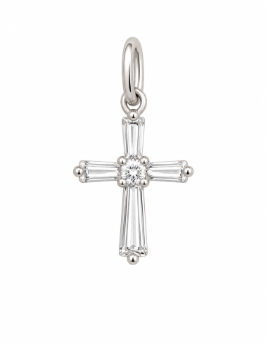 Colgante Cruz con Circonitas Baguette y Redonda - Oro Blanco 18K
