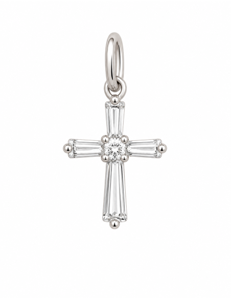 Colgante Cruz con Circonitas Baguette y Redonda - Oro Blanco 18K