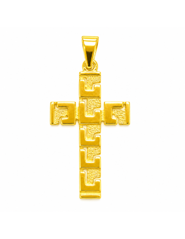 Colgante Cruz Diseño Greca Calada - Oro Amarillo 18K
