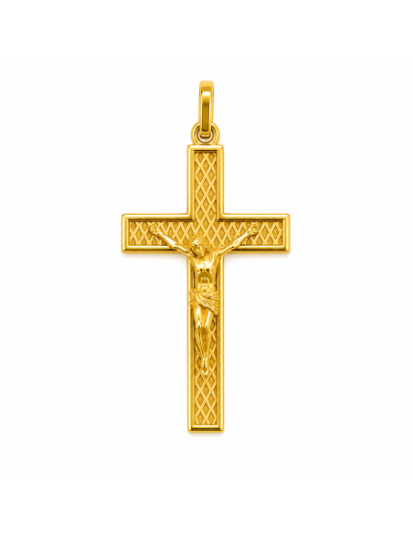 Colgante Cruz con Cristo con Fondo Tallado - Oro Amarillo 18K