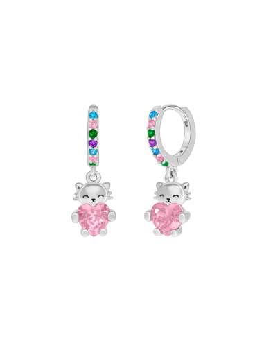 Pendientes Niña Gatito con Corazón Rosa y...
