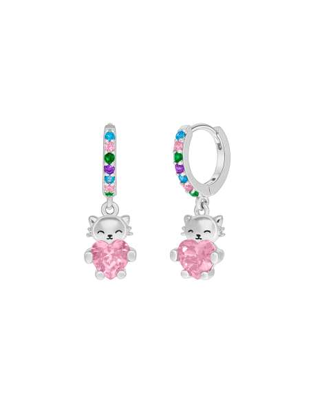 Pendientes Niña Gatito con Corazón Rosa y Circonitas Multicolor - Marea D03601/DF