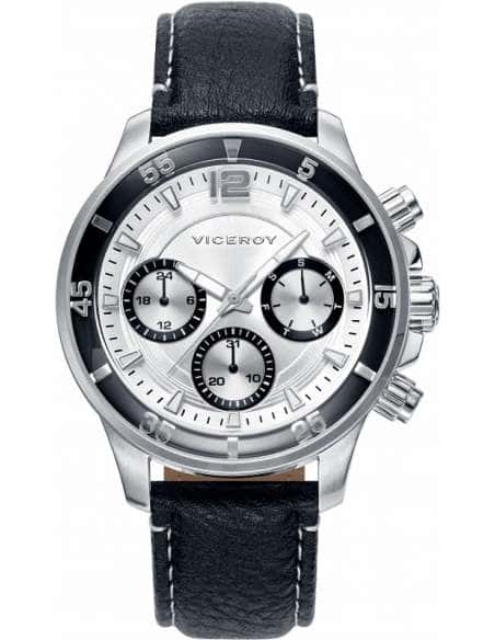 Reloj para Hombre Cronógrafo Acero con Correa de Piel Negra y Esfera Plateada- Viceroy 42223-05
