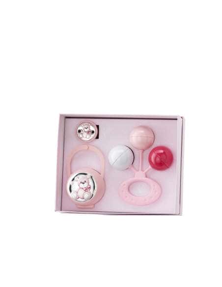 Set Infantil Portachupetes con Pinza y Sonajero Oso Rosa EV3466/01R