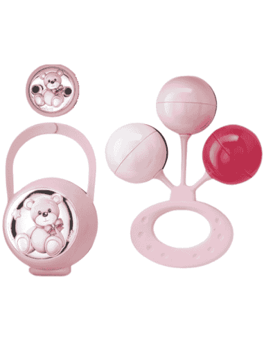 Set Infantil Portachupetes con Pinza y Sonajero Oso Rosa EV3466/01R